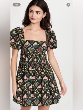 Black Floral Square-Neck Puff Sleeve Dress